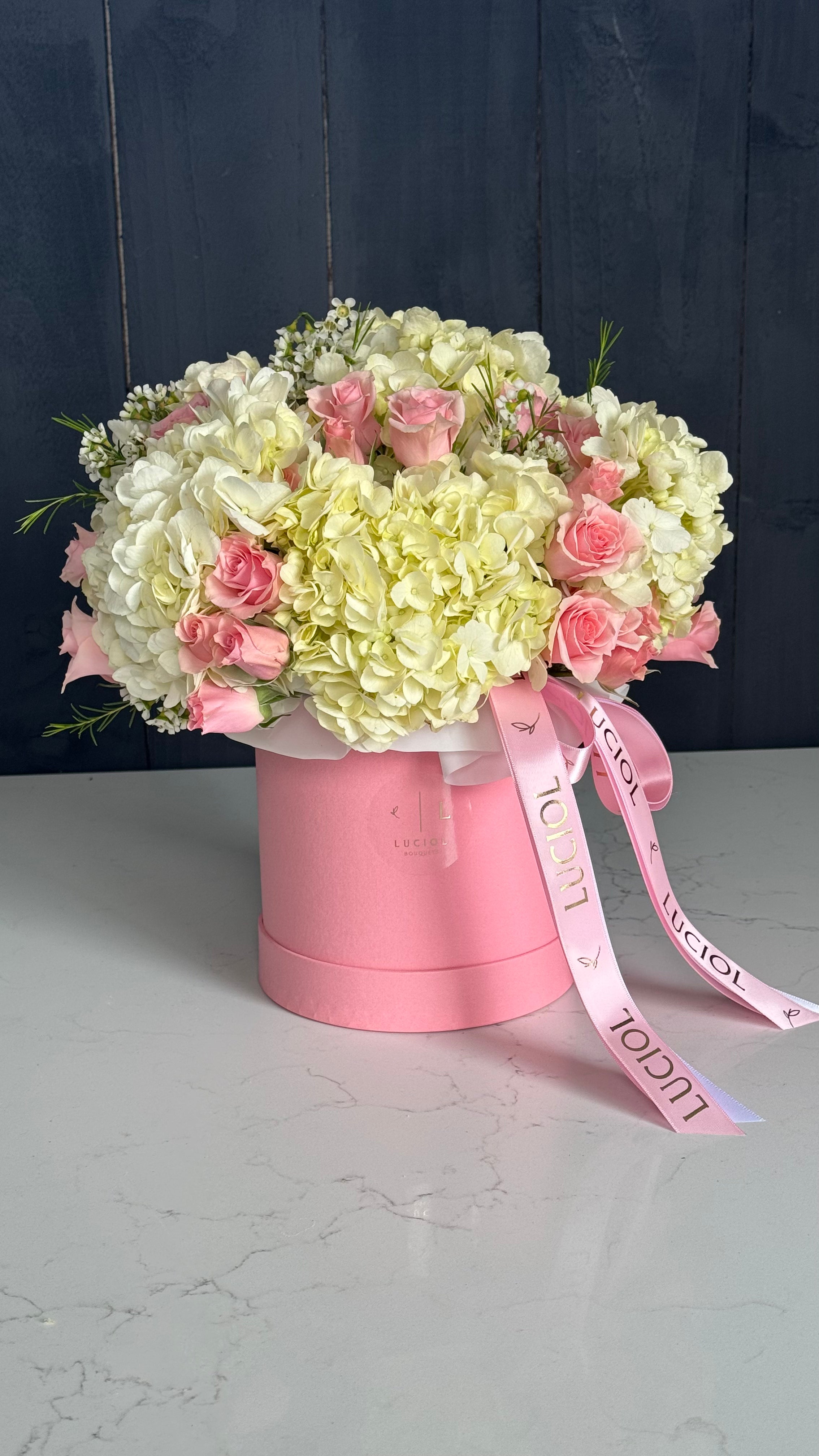 Glow of Joy pink flower box โ Luciol Bouquets Seattle Bellevue Kent Auburn