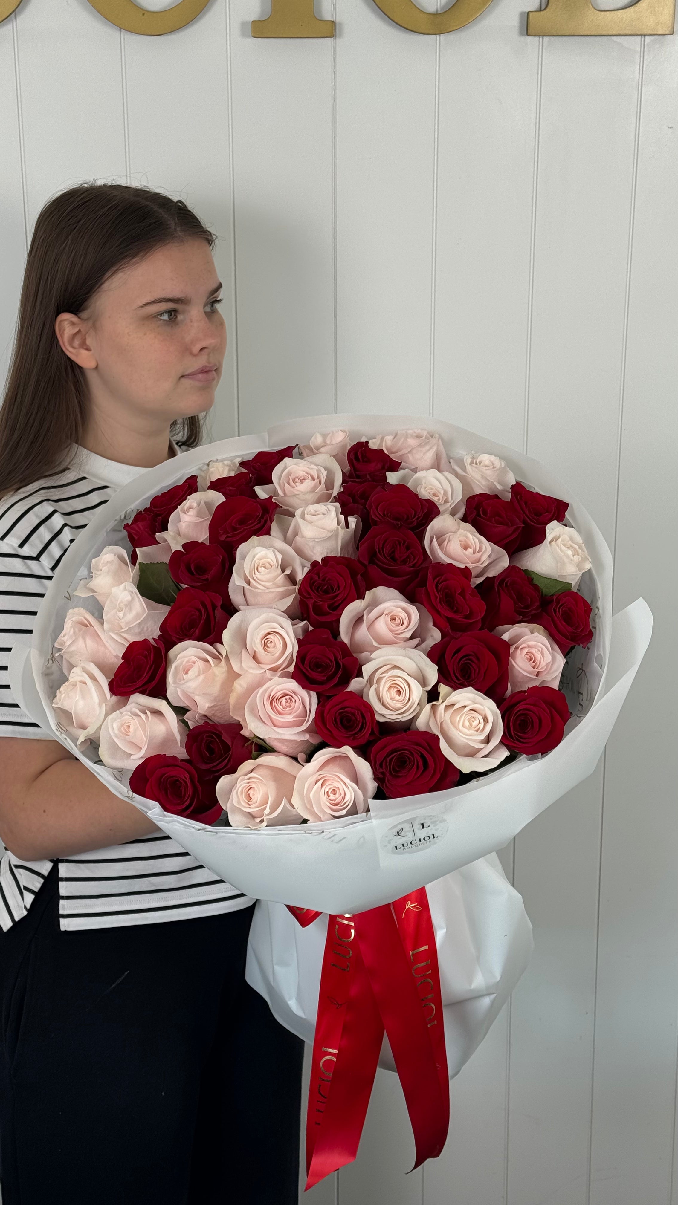 Queen of Roses bouquet with red and white Ecuadorian roses โ Luciol Bouquets Bellevue Seattle Renton