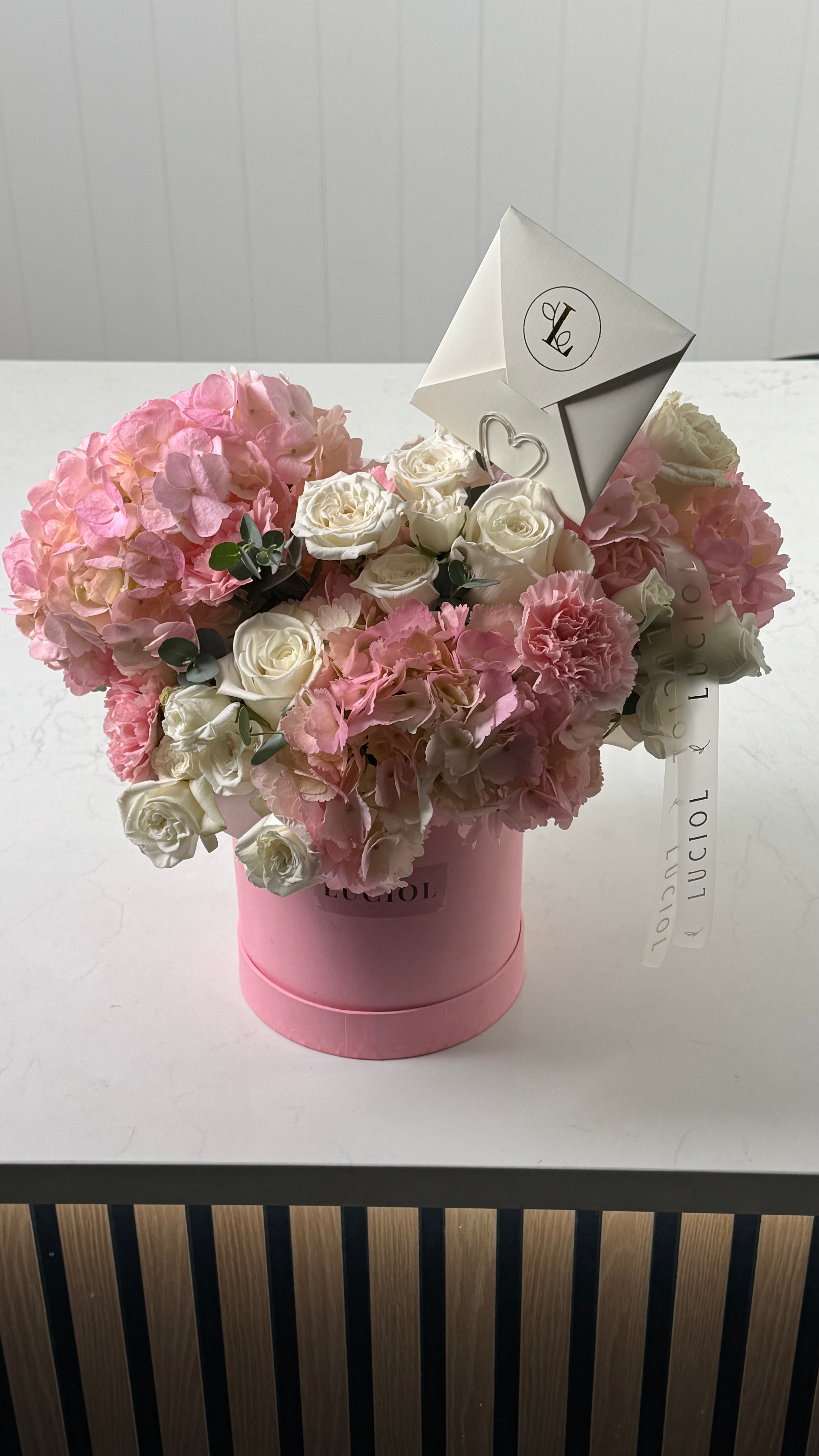Heart-shaped flower box with pastel Ecuadorian roses โ Luciol Bouquets Bellevue Kent