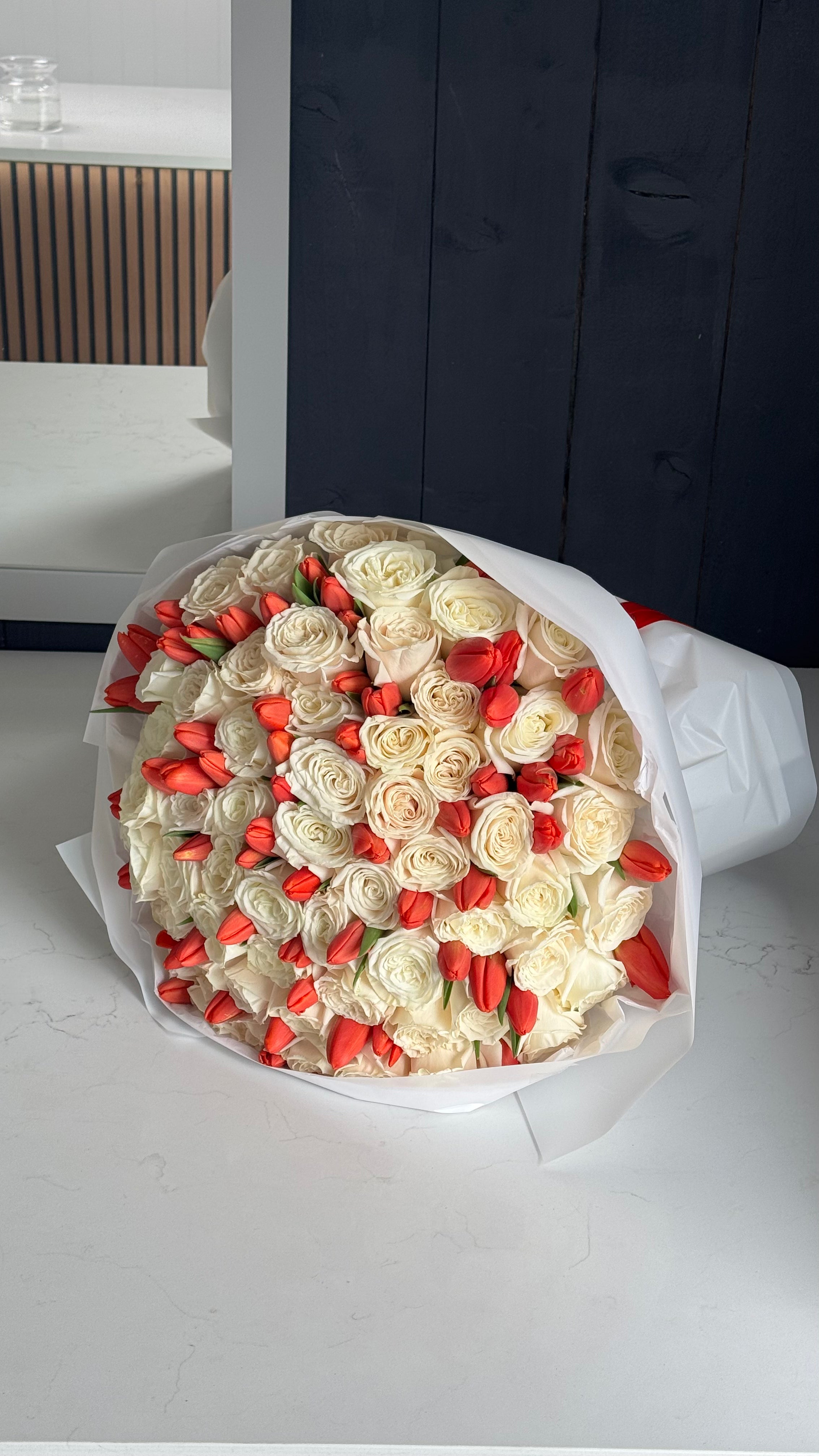 White Roses & Red Tulips Bouquet