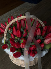 Red tulip basket arrangement by Luciol Bouquets – spring flower delivery in Seattle